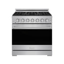 Stainless steel gas range front view with black oven door and burner knob controls
