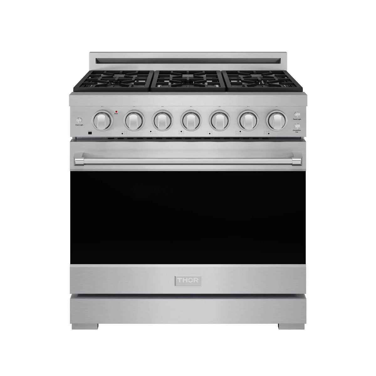 Stainless steel gas range front view with black oven door and burner knob controls