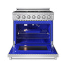 Stainless steel gas range with oven door open, blue cavity, and wire oven rack