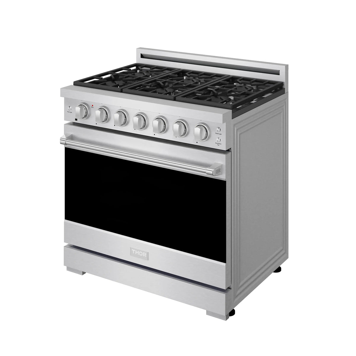 Stainless steel propane gas range with burner grates and black oven door window