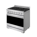 Stainless steel 36-inch gas range with black cooktop grates and control knobs