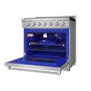 Stainless steel gas range with open oven door showing blue interior and oven racks