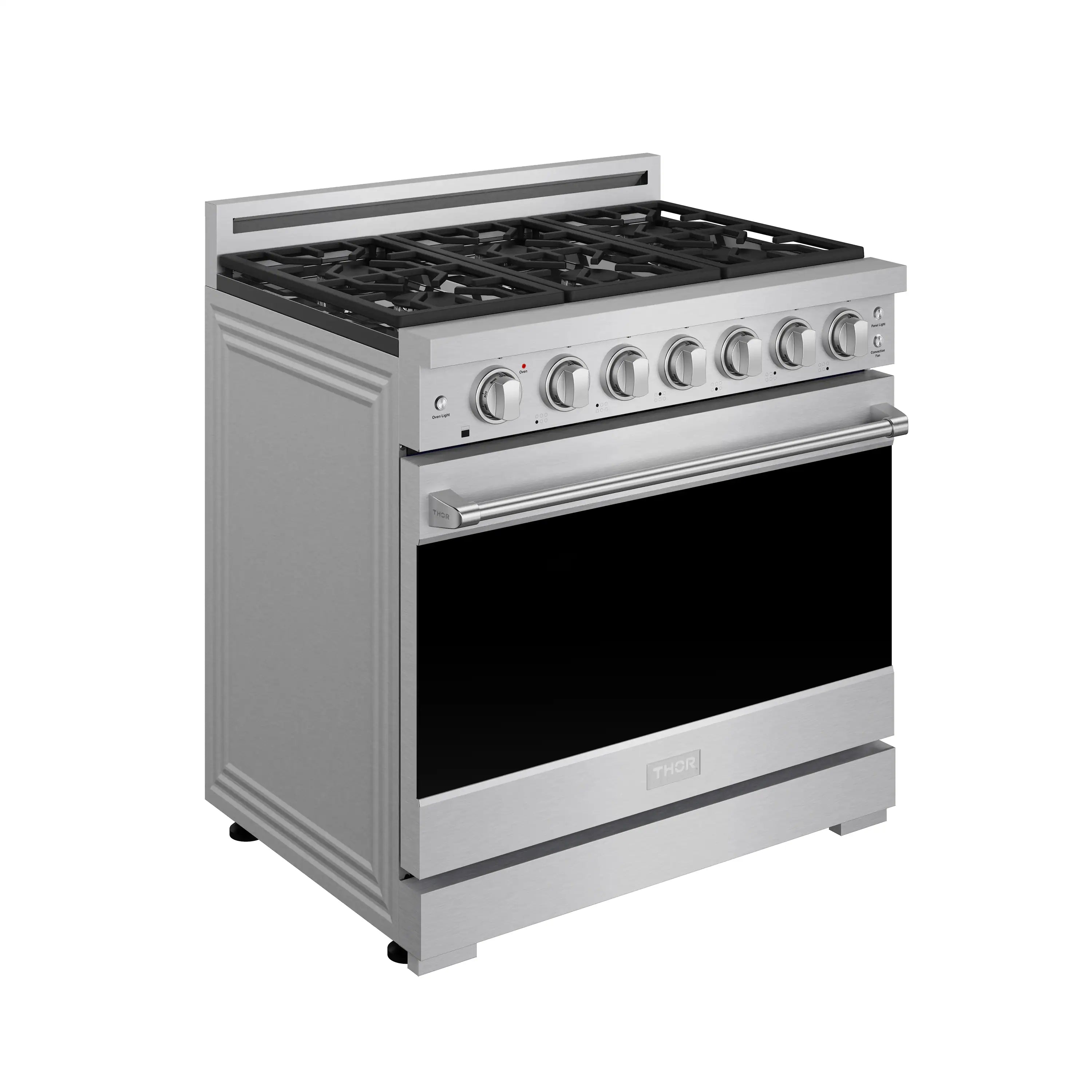 Stainless steel gas range front view with black oven window and control knob row