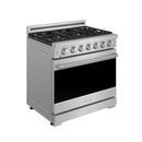 Stainless steel gas range front view with black oven window and control knob row