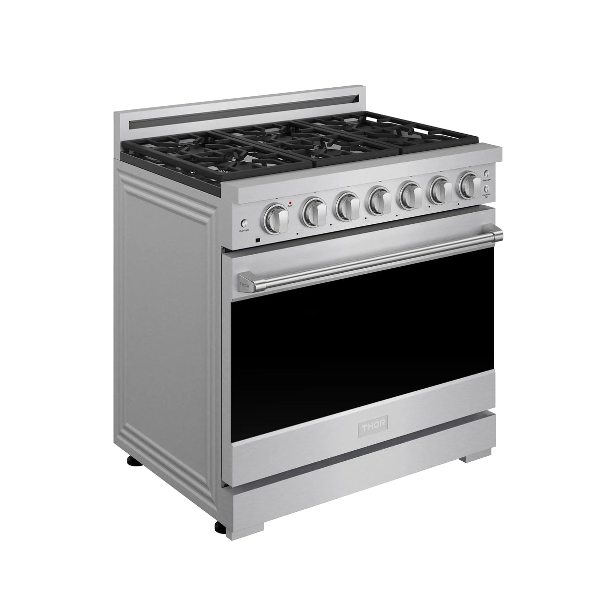 Stainless steel 36-inch gas range angled view with burner grates and oven window