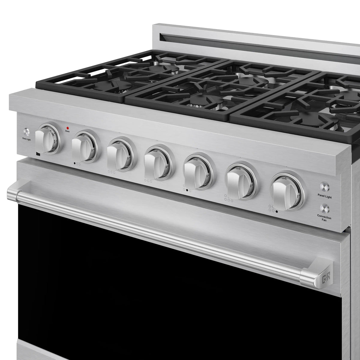Stainless gas range control panel with six knobs and cooktop burners