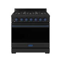 Black propane gas range with six blue-trimmed burner knobs and continuous grates