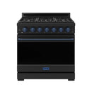 Black gas range with blue trim bar and row of blue control knobs