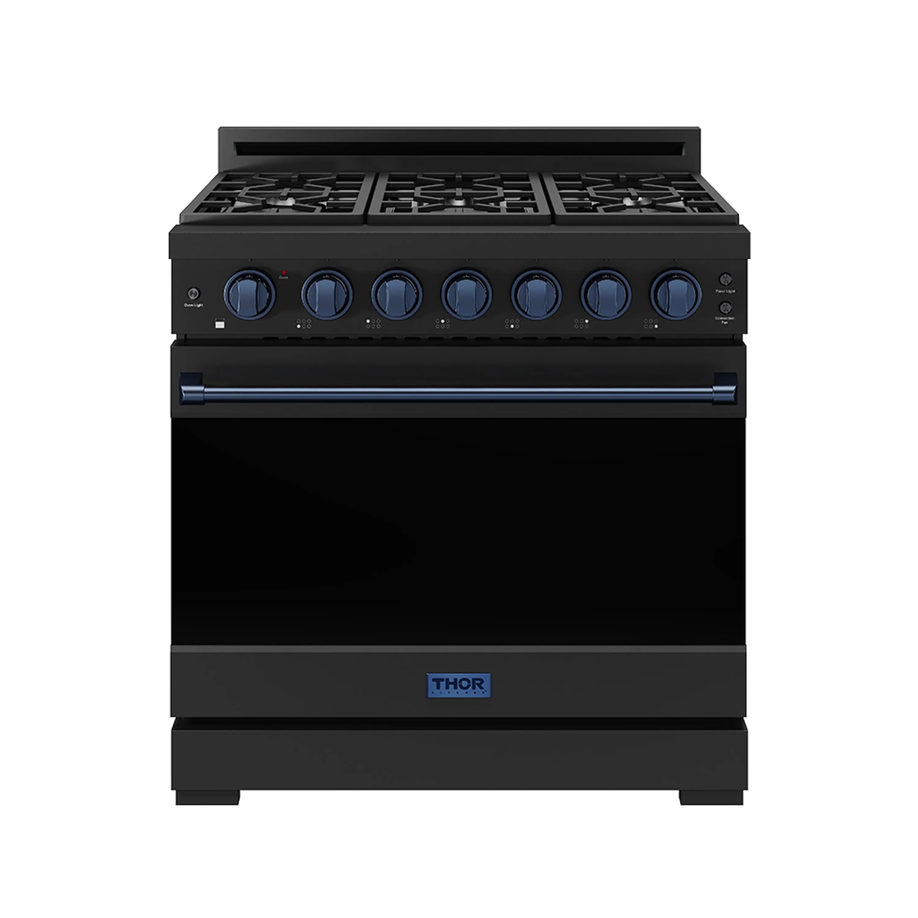 Front view of black 36-inch gas range with blue control knobs