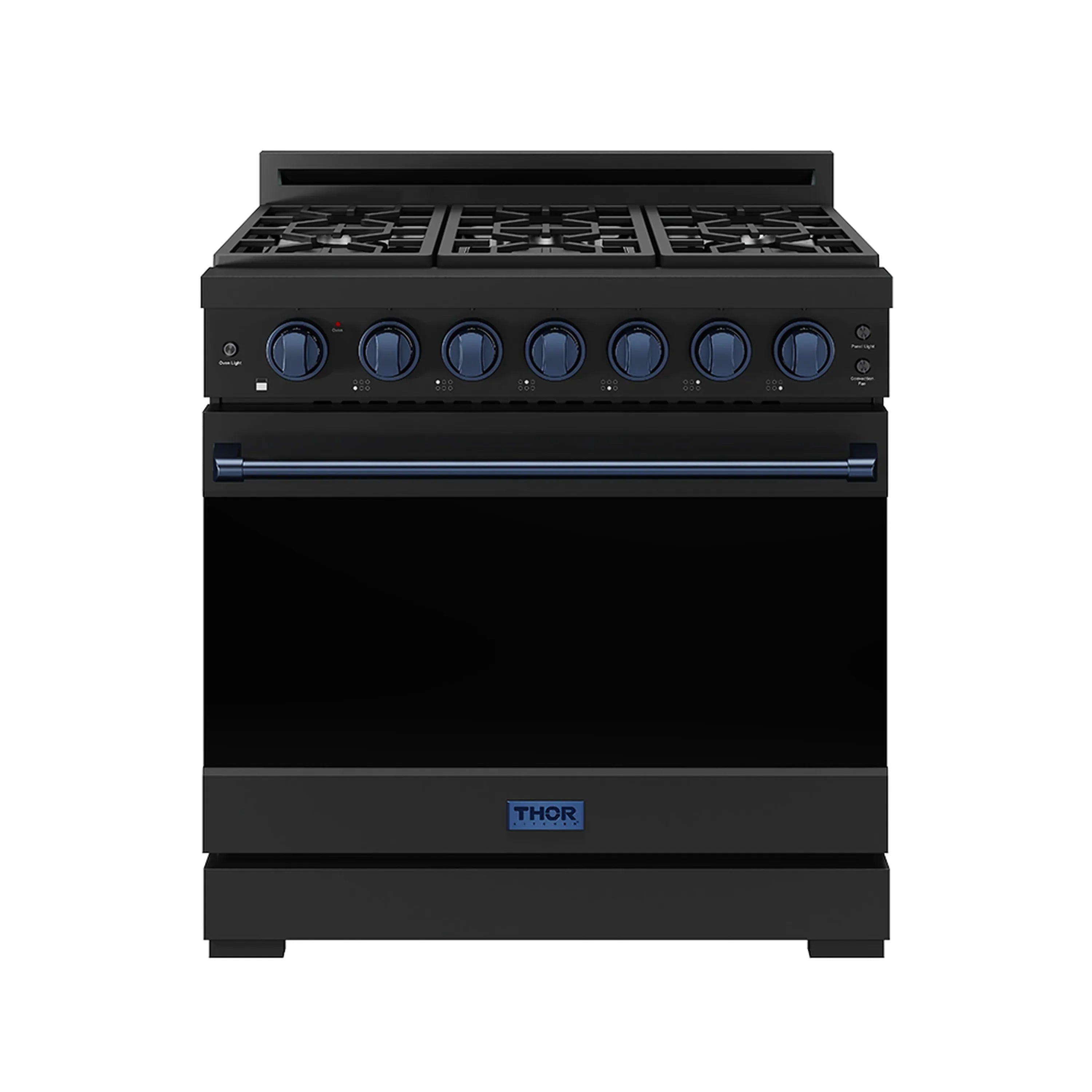 Black gas range with blue-trim control knobs and four-burner cooktop grates