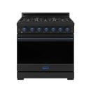 Black propane gas range with six blue-trimmed burner knobs and continuous grates