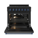 36-inch propane gas range with open oven and six blue-trimmed burner knobs, black