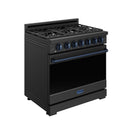 Black propane gas range with blue trim and front control knobs, side view
