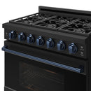 Black 6-burner propane range with blue-trim control panel and vented front, close-up