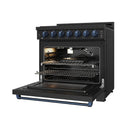 Black propane gas range with open oven door, lit burners, blue trim detail