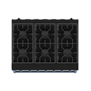 Black gas range top with six burner grates and blue control knob bases