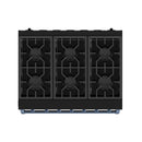 Top view of black 6-burner grates on a propane gas range with blue trim base
