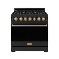 Black 36-inch gas range with bronze control knobs, front burner grates, and oven door.