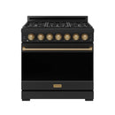 Black 36-inch gas range with bronze control knobs, front burner grates, and oven door.