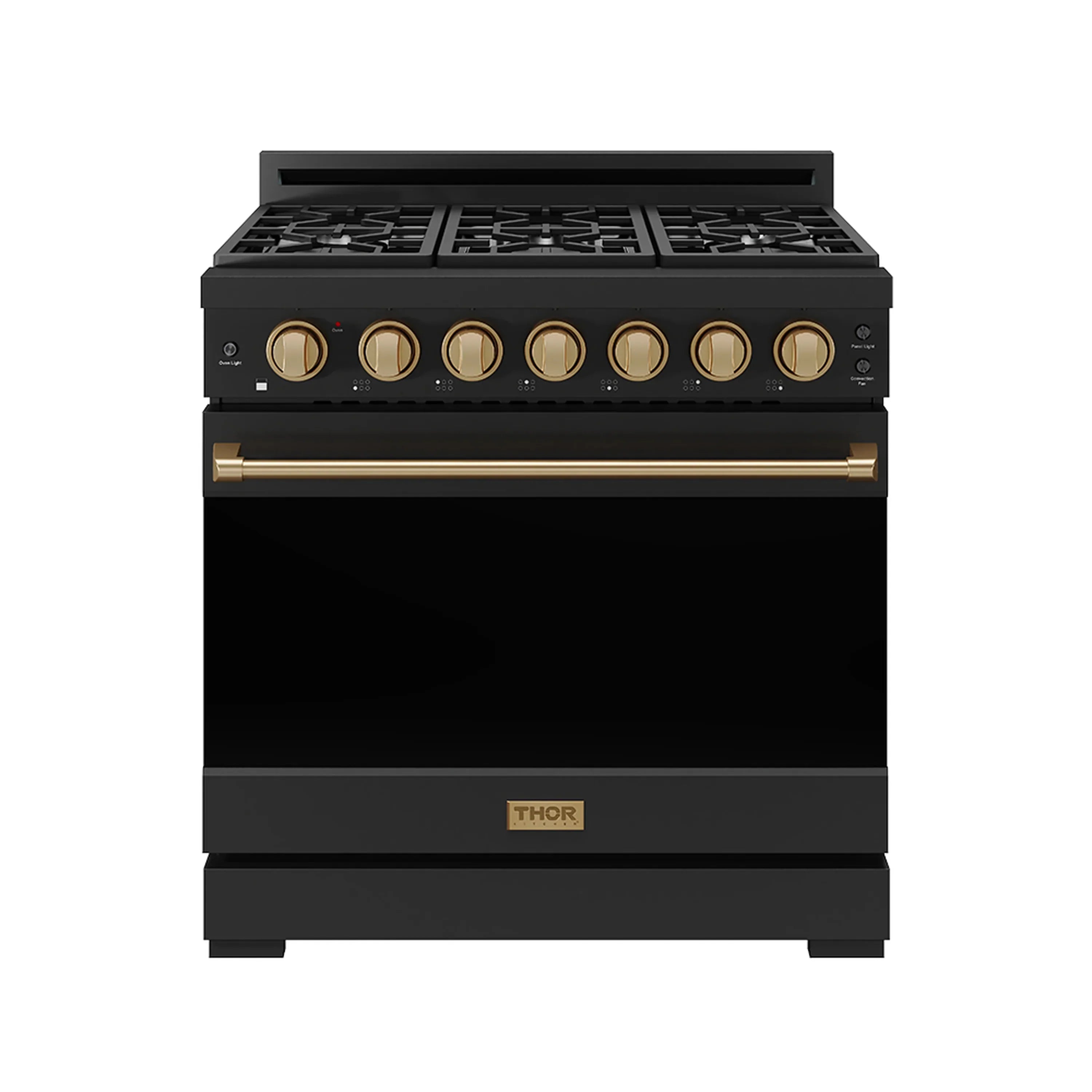 Black 36-inch propane gas range with bronze control knobs and grates