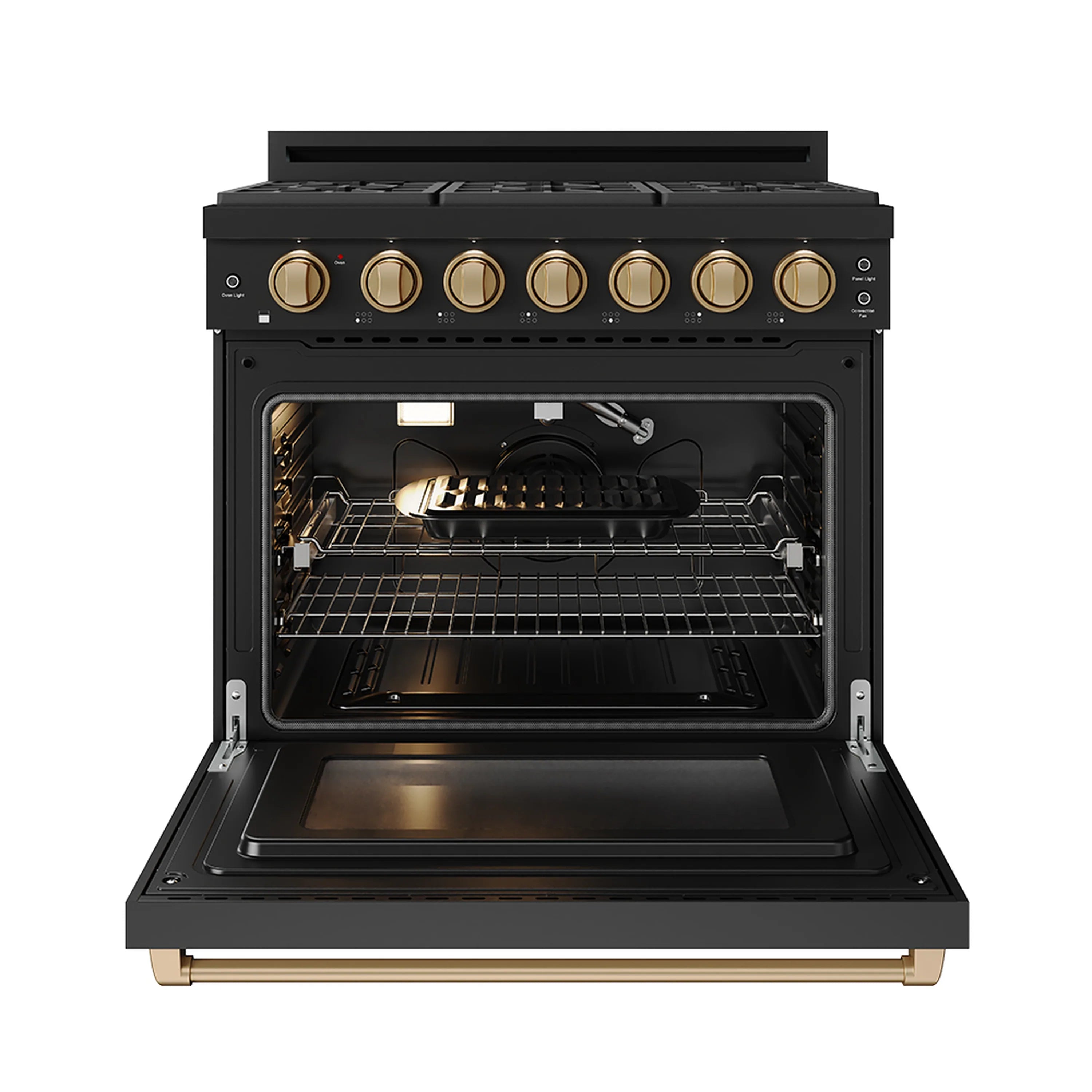 Black 36-inch professional gas range with bronze knobs and open oven door, natural gas.