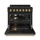 Black 36-inch professional gas range with bronze knobs and open oven door, natural gas.