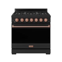 Black 36-inch gas range with six burners, copper-rose control knobs and trim