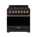 Black 36-inch gas range with six burners, copper-rose control knobs and trim
