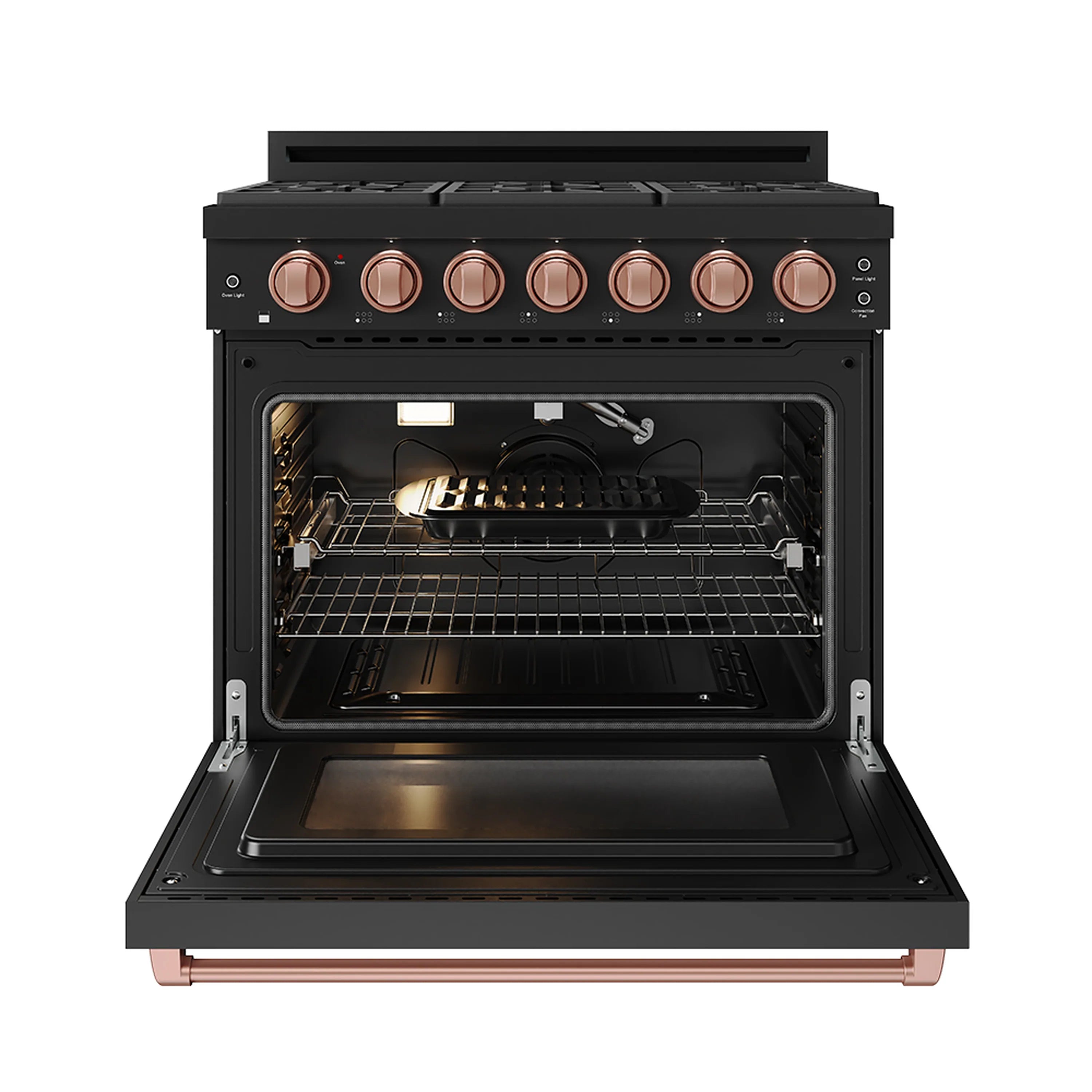 Black gas range with oven door open, visible racks and burner grates, rose-gold trim