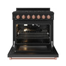 Black gas range with oven door open, visible racks and burner grates, rose-gold trim