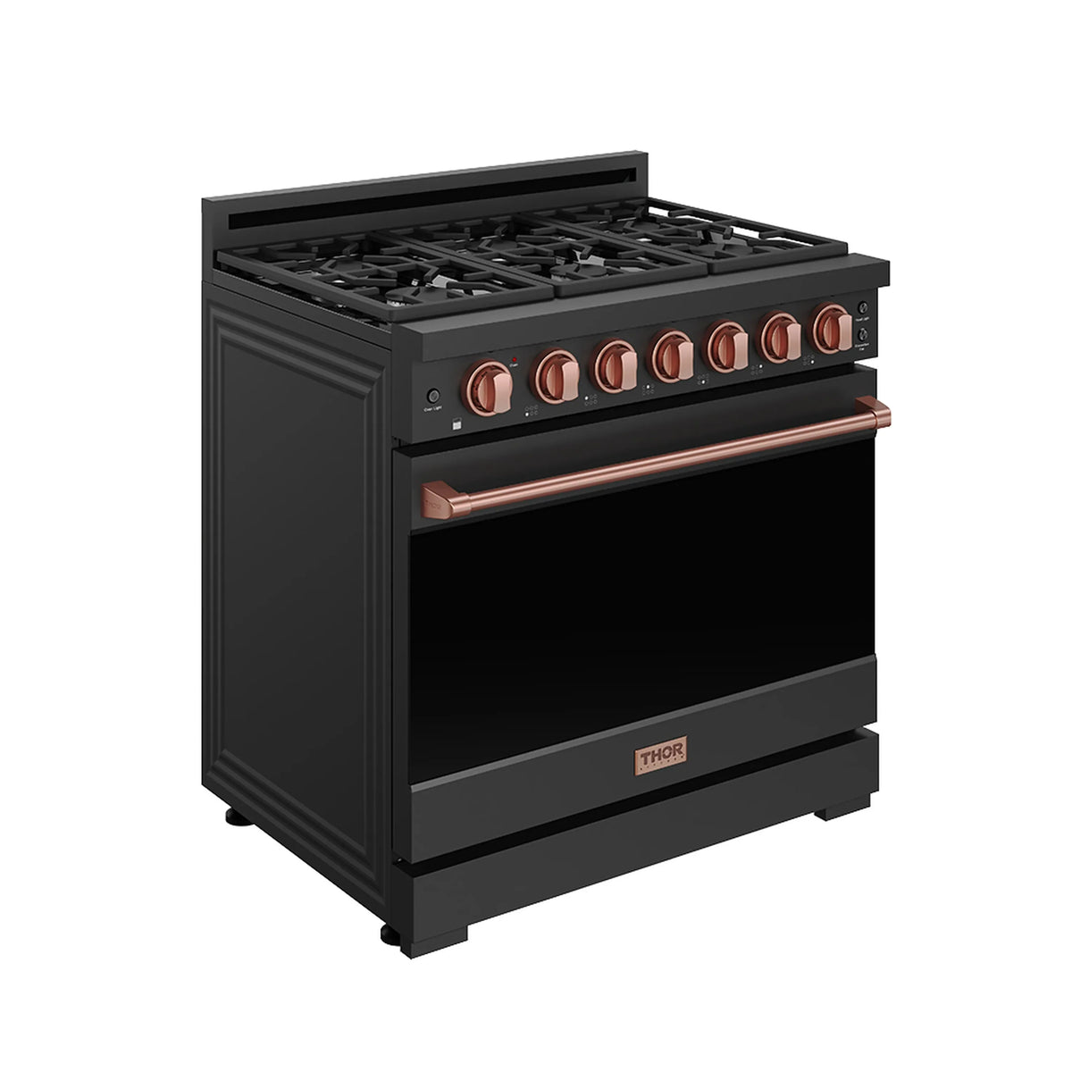 Black propane gas range with rose gold knobs and copper-colored oven handle, angled view.