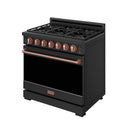 Black gas range angled view with six burners, rose-gold knobs and copper oven handle