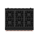 Black gas range cooktop burners close-up with rose-gold trim along the front