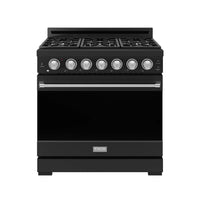 Black 36-inch gas range with six burner grates and stainless control knobs, flat top view.