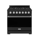 Black 36-inch gas range with six burner grates and stainless control knobs, flat top view.