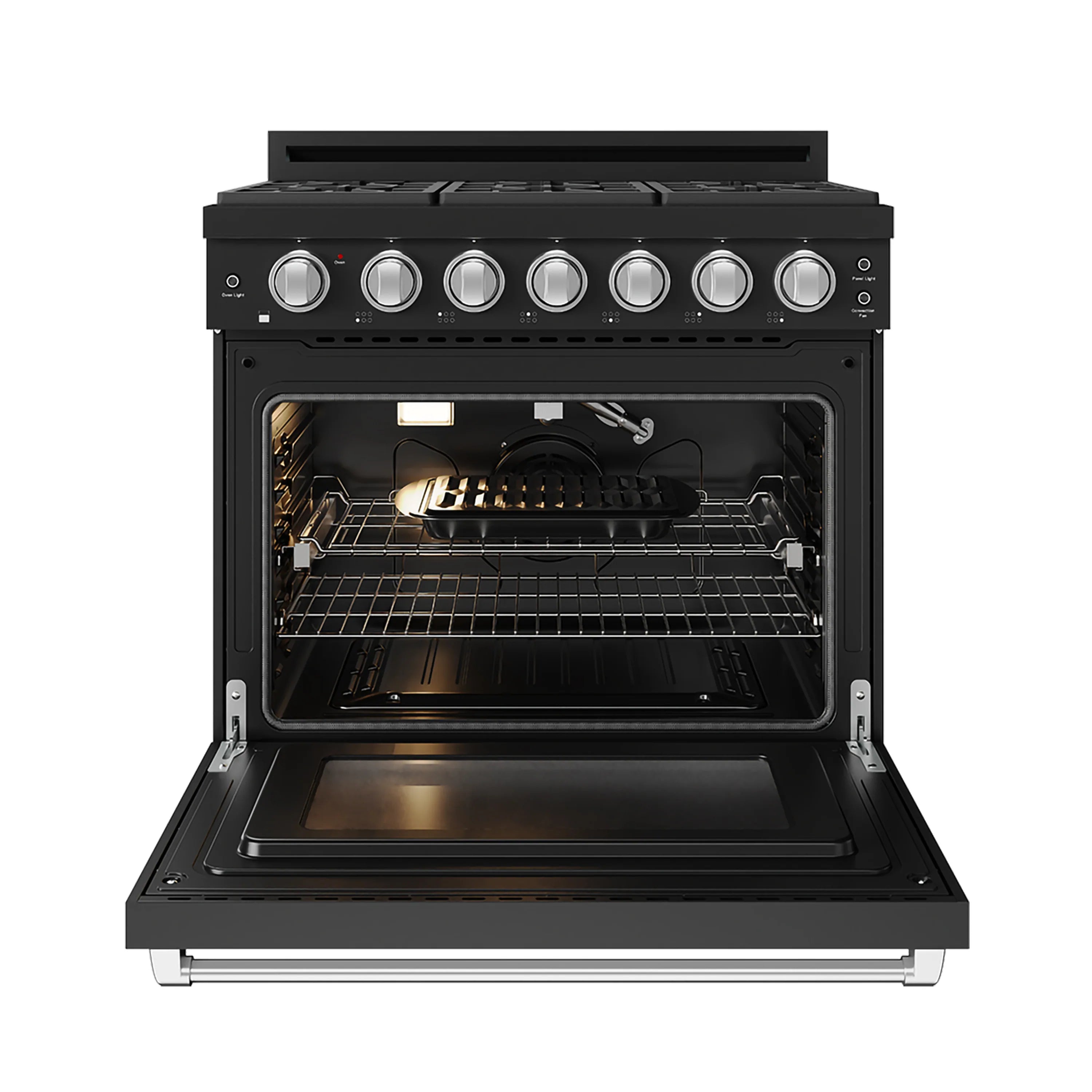 Black gas range with open oven door, interior racks and burner visible, stainless trim base.