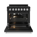 Black gas range with open oven door, interior racks and burner visible, stainless trim base.