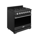 Black 36-inch gas range with six burner grates, stainless oven handle and side trim, angled view.