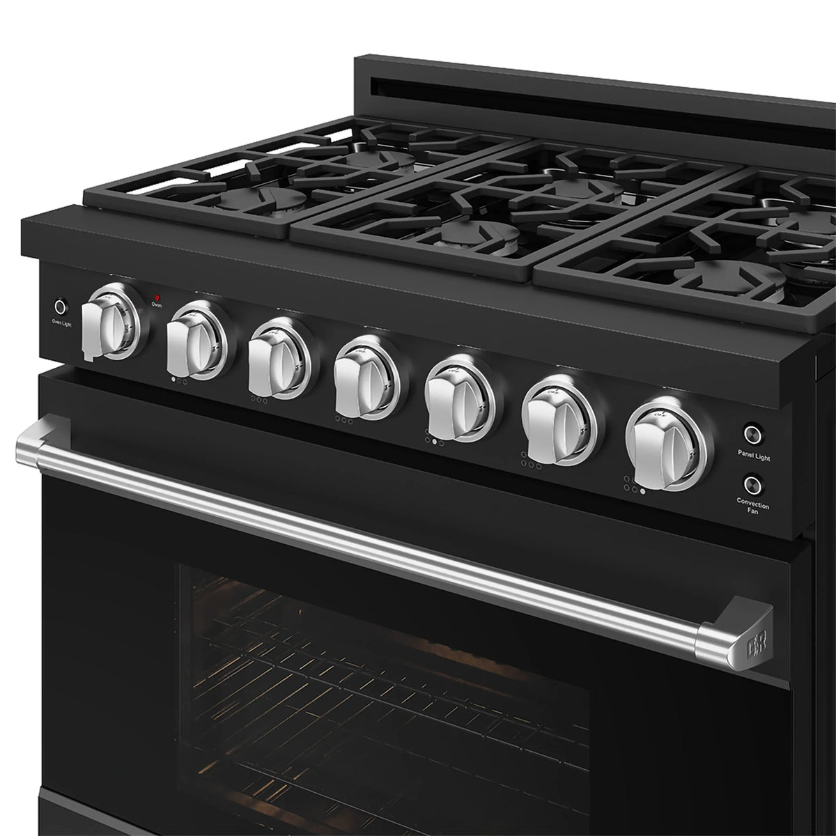 Black gas range cooktop with stainless control knobs and vent trim