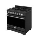 Black gas range with six burner grates and stainless oven handle, front three-quarter view.