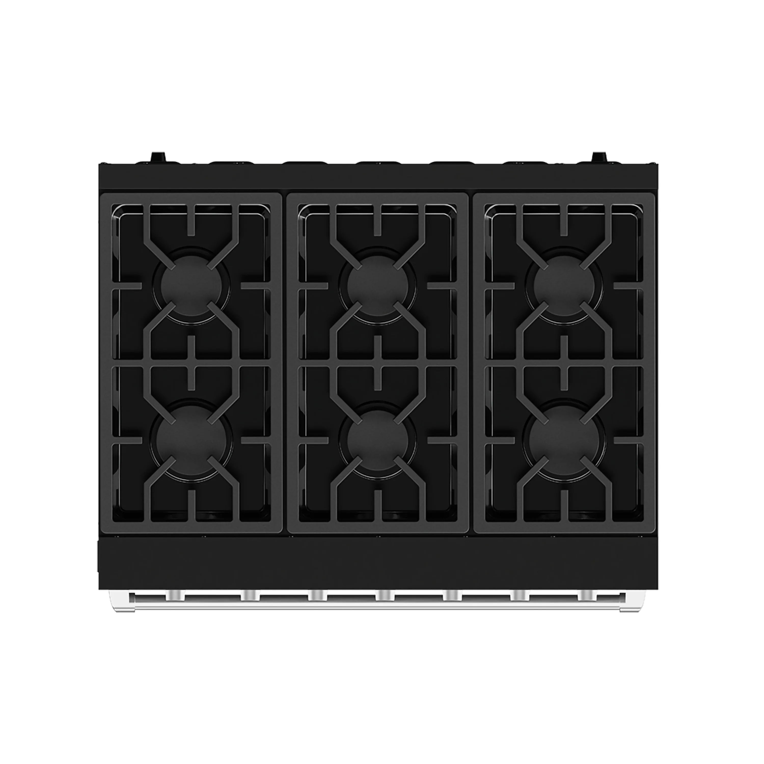 Close-up of black six-burner cooktop grates with circular burner heads and metal spacing bars.