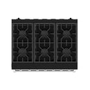 Close-up of black six-burner cooktop grates with circular burner heads and metal spacing bars.