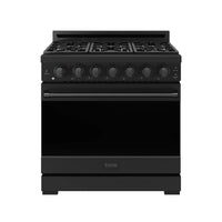 Black 36-inch natural gas range with burner grates and closed oven door
