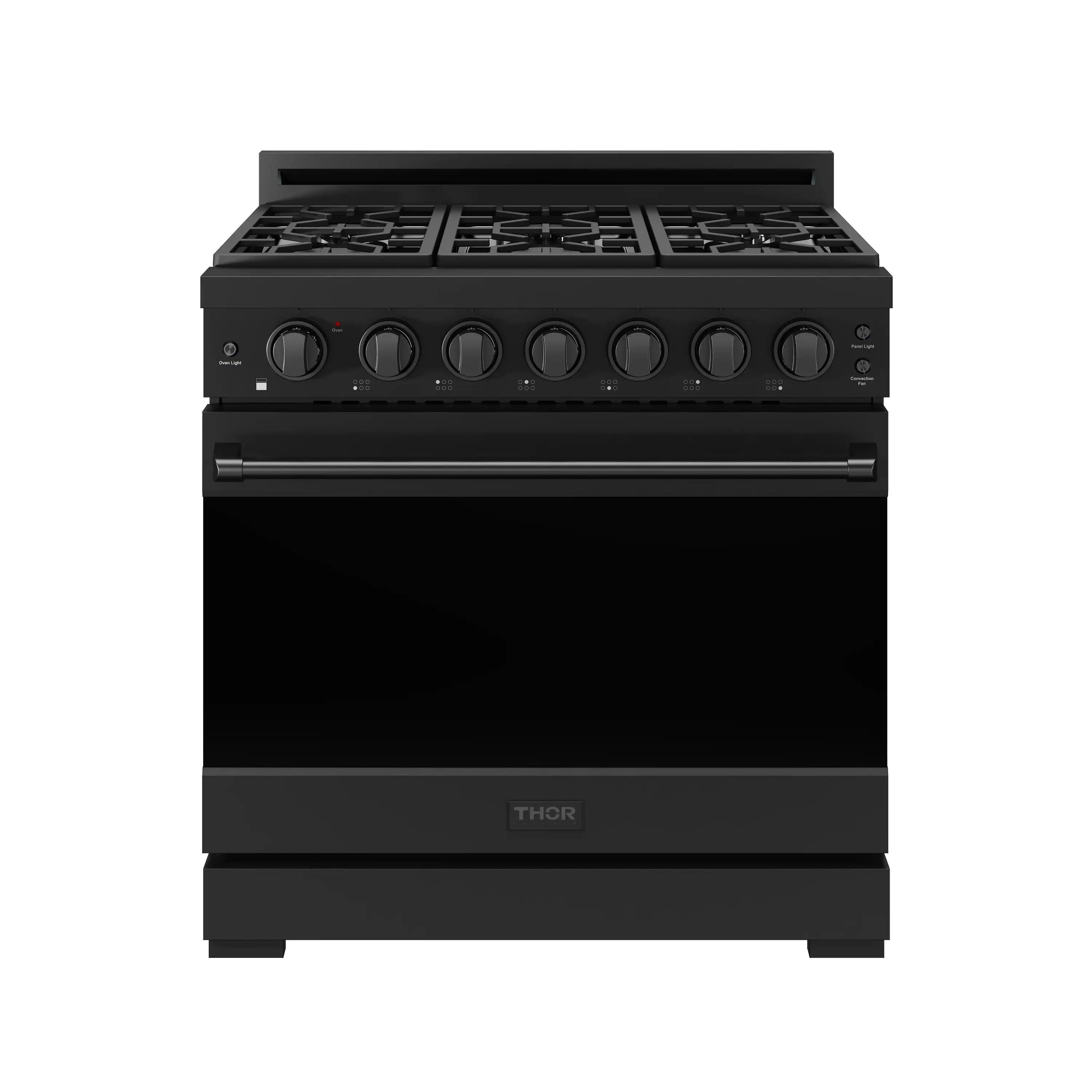 Black propane gas range with multiple burner knobs and gridded cooktop