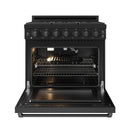 Black natural gas range with open oven door and oven racks