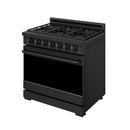Black 36-inch natural gas range with burner grates and front control knobs