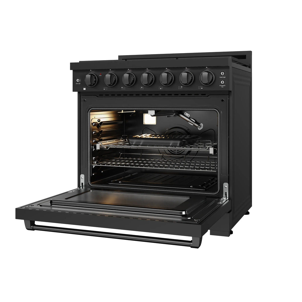 Black natural gas range with open oven showing broiler and cooking racks