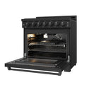 Black natural gas range with open oven showing broiler and cooking racks