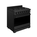 Black professional gas range with burner grates, knobs, and oven window