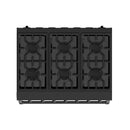 Black cooktop with burner grates viewed from above